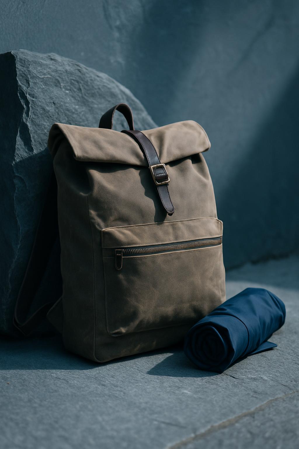 Ripstop daypack and rolled shell jacket against a slate boulder