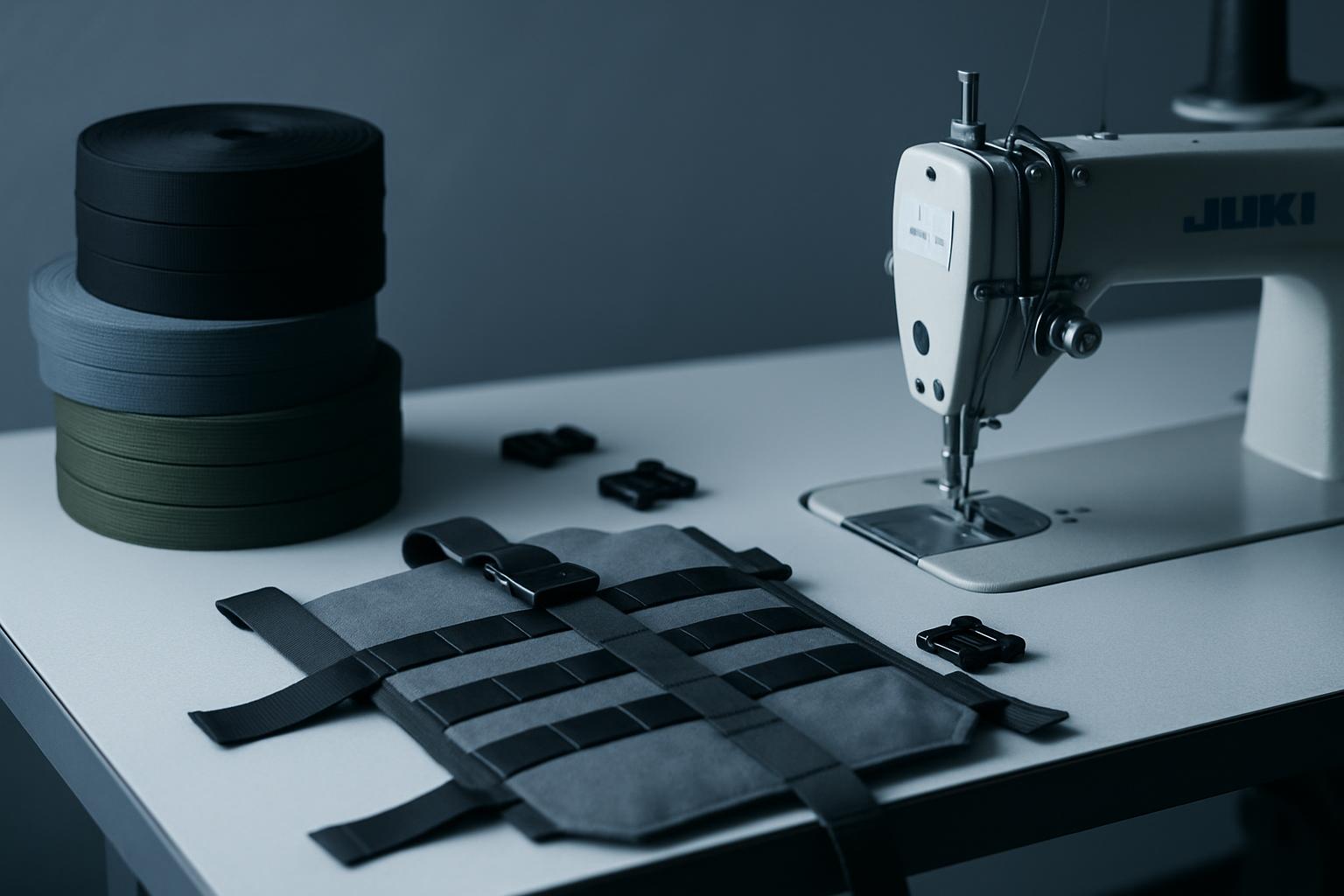 Workshop table with a half-stitched pack panel, webbing spools and buckles